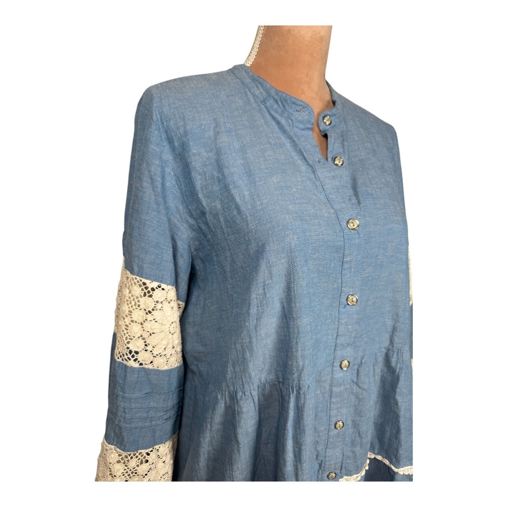 Johnny Was Laguna Pieced Dress Sz Lg Blue Chambray Tunic Lace Trim Bohemian Fall - Picture 4 of 16